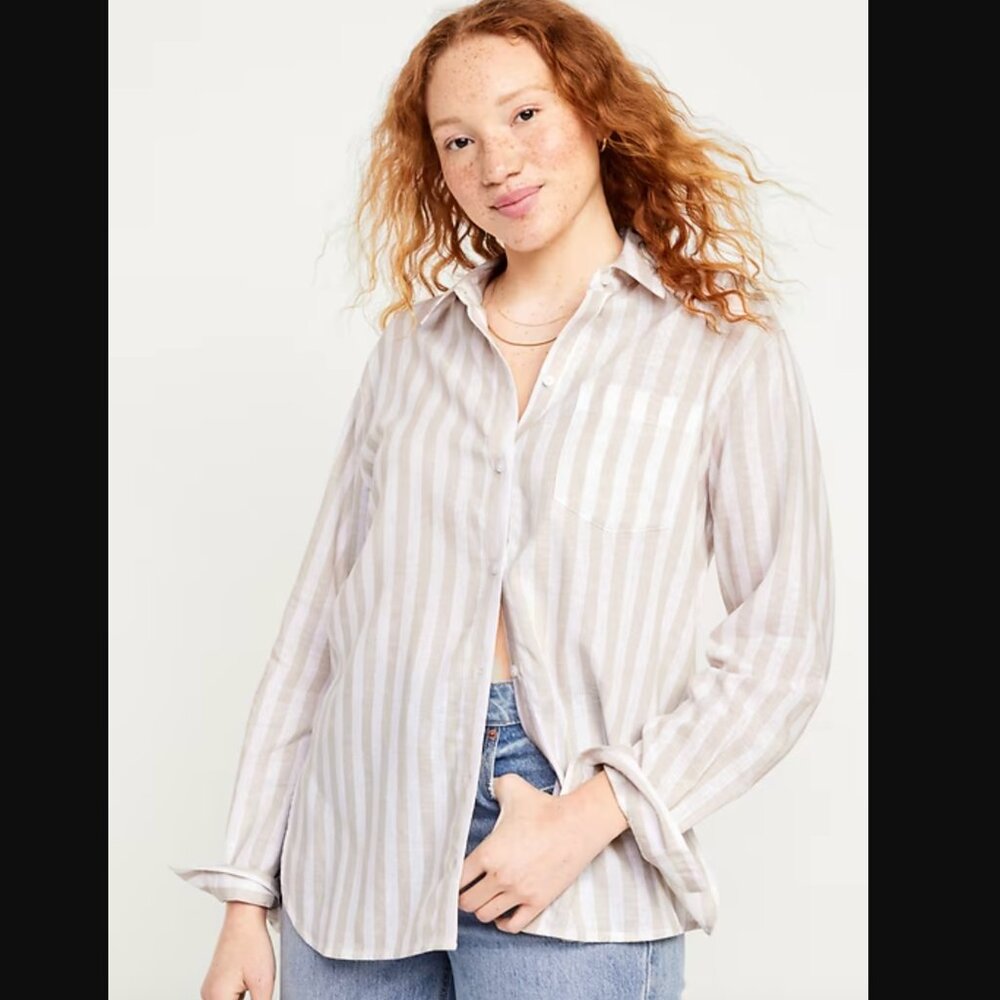 Old Navy The Boyfriend Shirt Women XL Stripe Linen Blend Button Up New with Tags